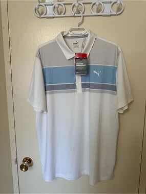 Puma White Polo with Light Blue and Gray Stripe Chest